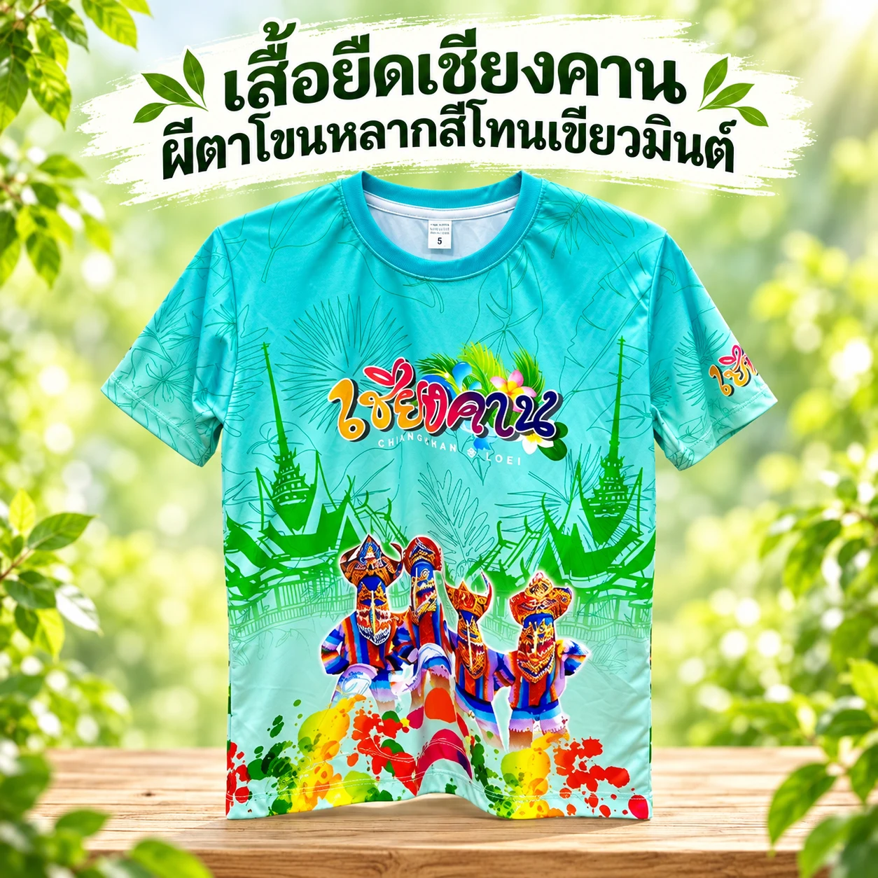 เสื้อยืดเชียงคาน ผีตาโขนหลากสีโทนเขียวมินต์