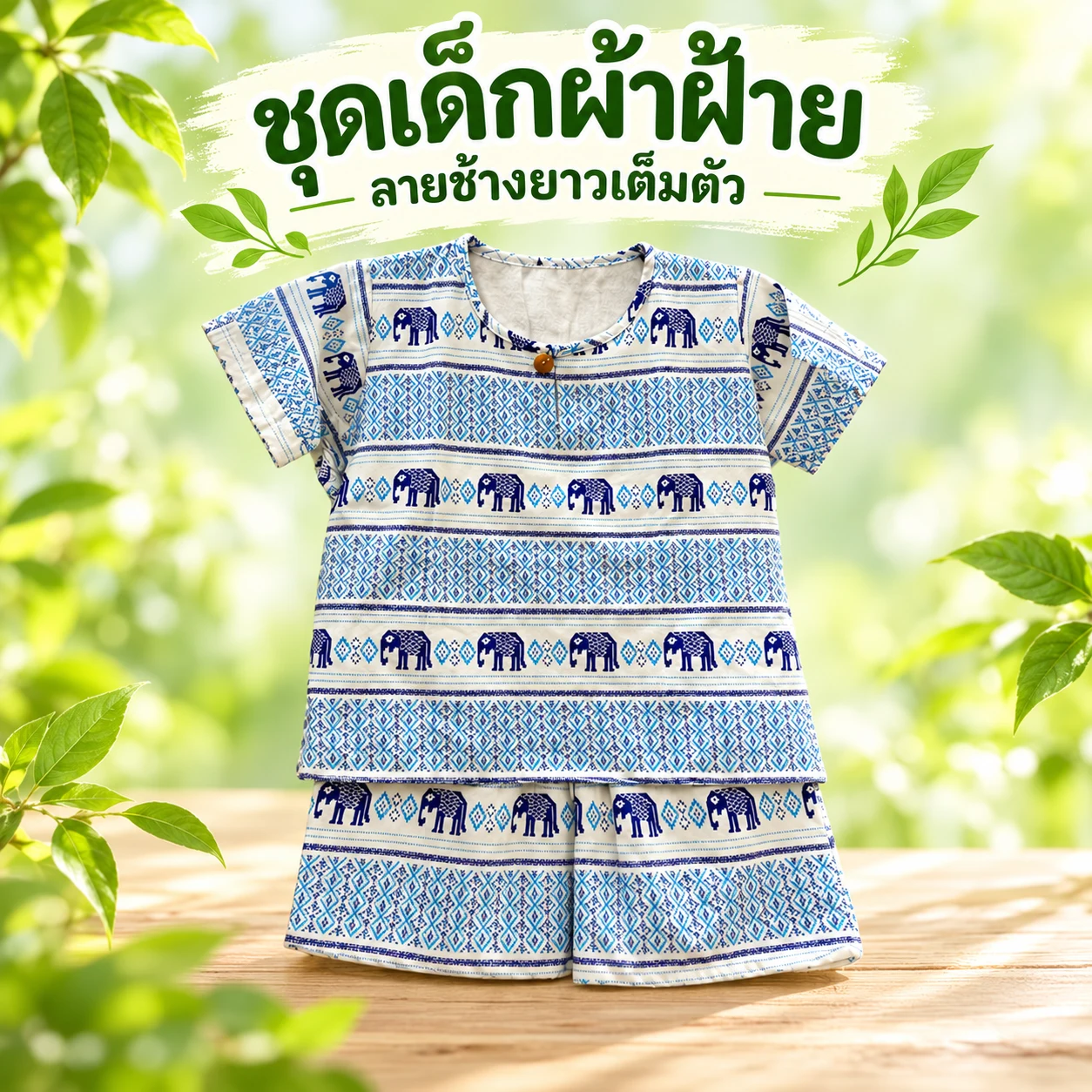 ชุดเด็กผู้ชายผ้าฝ้าย ลายช้างยาวเต็มตัว
